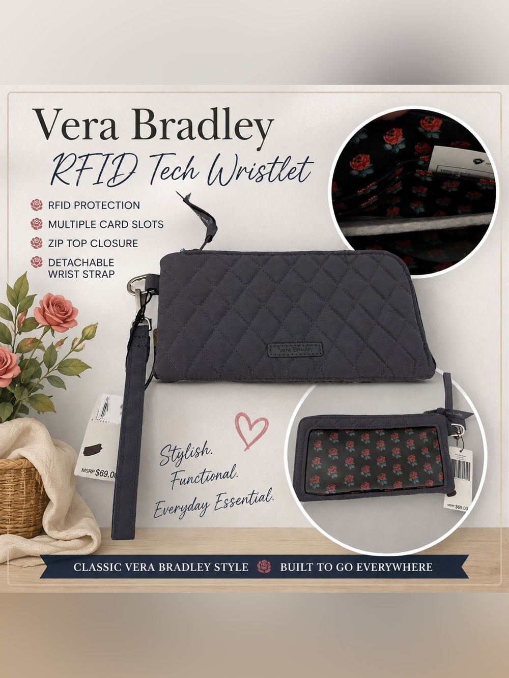 Vera Bradley RFID Tech Wristlet Dark Gray NWT